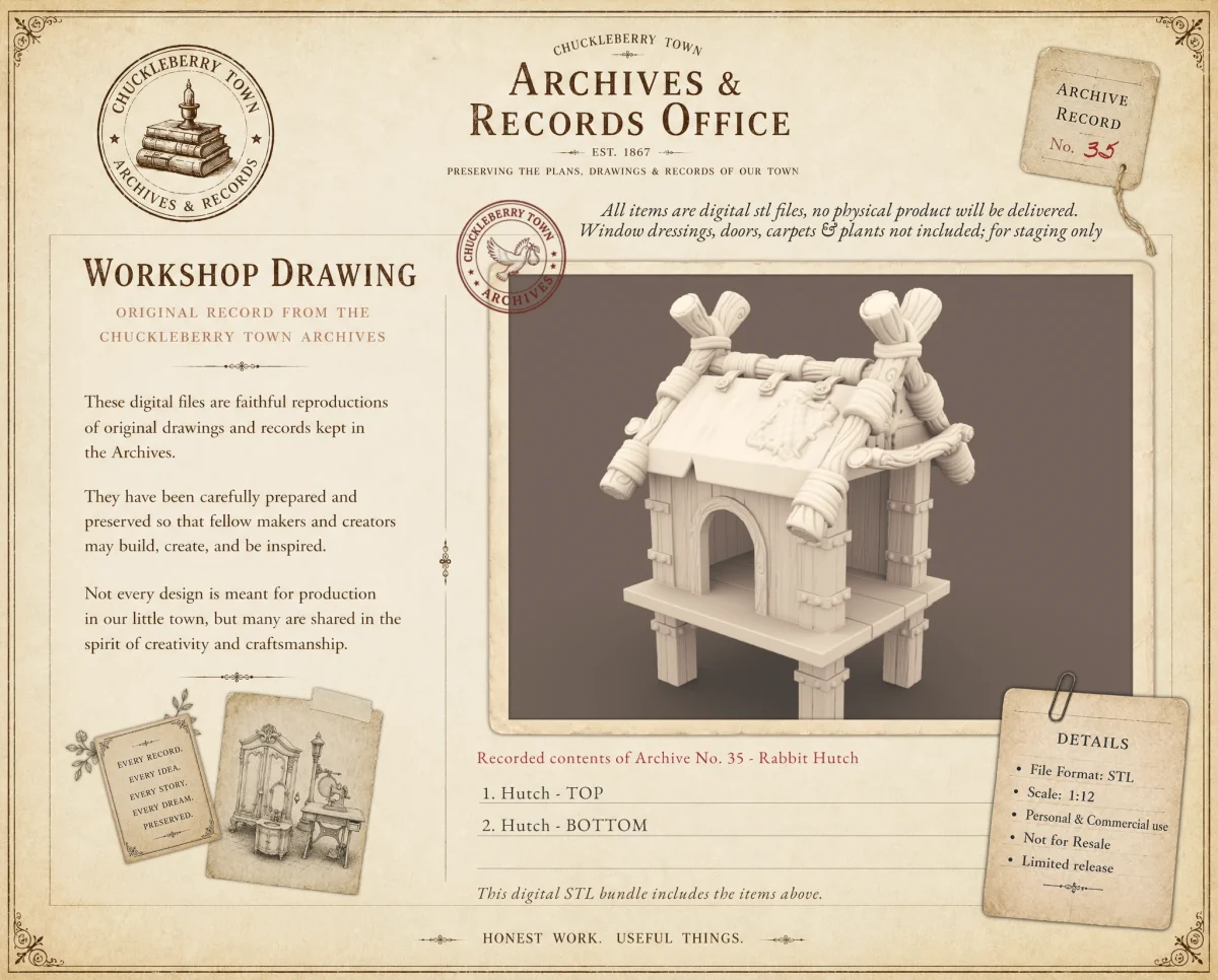 Archives_35 Rabbit Hutch Archives 35 - Rabbit Hutch 3D printing STL file - Storybook-inspired dollhouse miniatures, appliances furniture, décor and building supplies. Original designs by Dove & Pear.