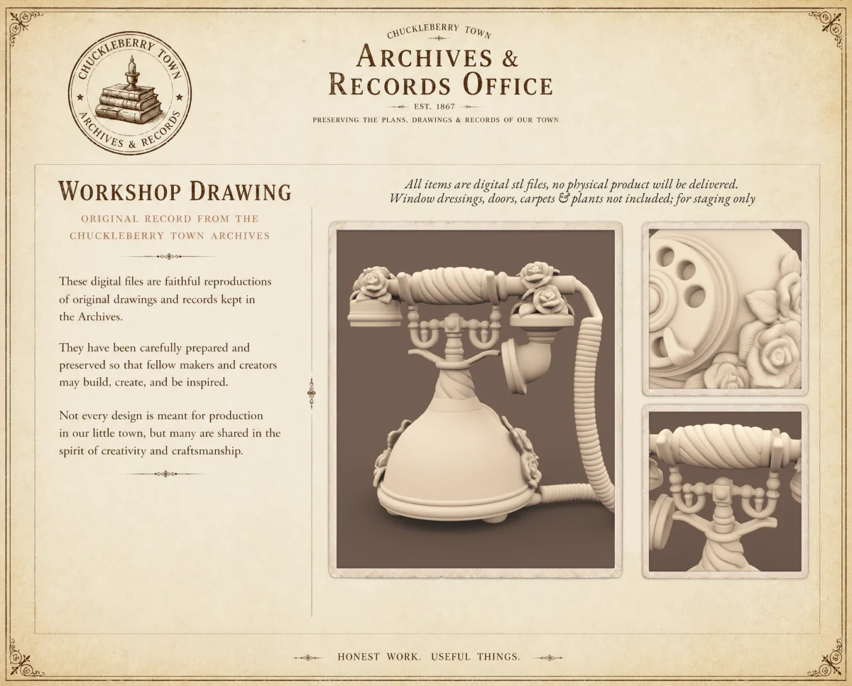 Archives 39 Victorian Telephone with Roses Archives 39 - Antique style victorian telephone with roses 3D printing STL file - Storybook-inspired dollhouse miniatures, appliances furniture, décor and building supplies. Original designs by Dove & Pear.