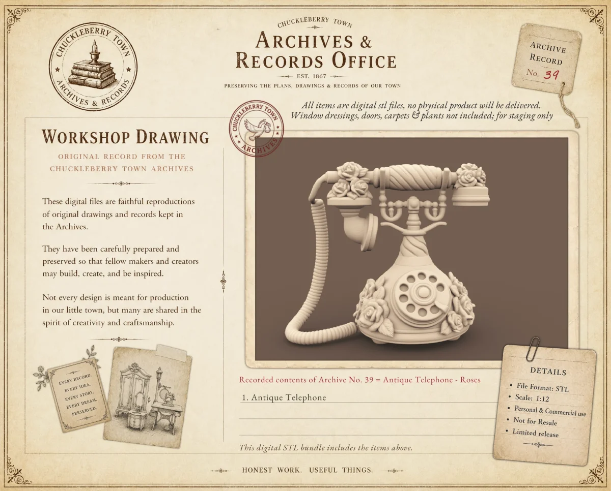 Archives 39 Victorian Telephone with Roses Archives 39 - Antique style victorian telephone with roses 3D printing STL file - Storybook-inspired dollhouse miniatures, appliances furniture, décor and building supplies. Original designs by Dove & Pear.