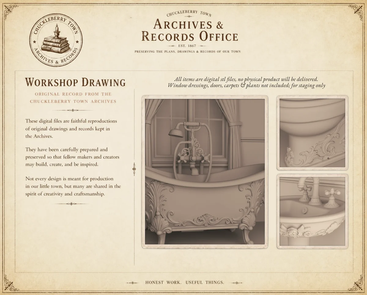 Archives36_VictorianBathroom_Preview Archives 36 - Victorian Rose Bathroom Set - Dollhouse STL - 3 piece bathroom set 3D printing STL file - Storybook-inspired dollhouse miniatures, appliances furniture, décor and building supplies. Original designs by Dove & Pear.