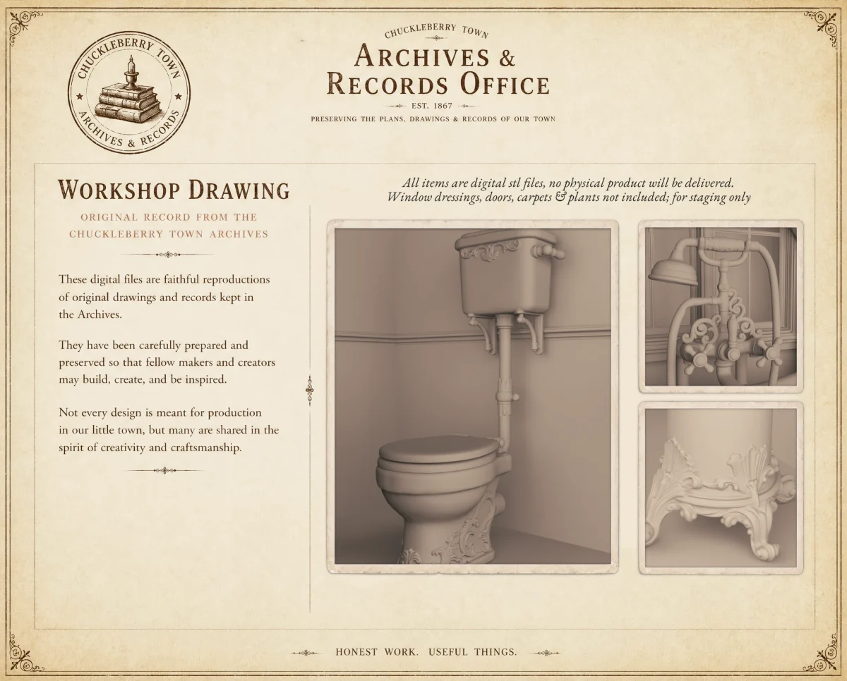 Archives36_VictorianBathroom_Preview Archives 36 - Victorian Rose Bathroom Set - Dollhouse STL - 3 piece bathroom set 3D printing STL file - Storybook-inspired dollhouse miniatures, appliances furniture, décor and building supplies. Original designs by Dove & Pear.