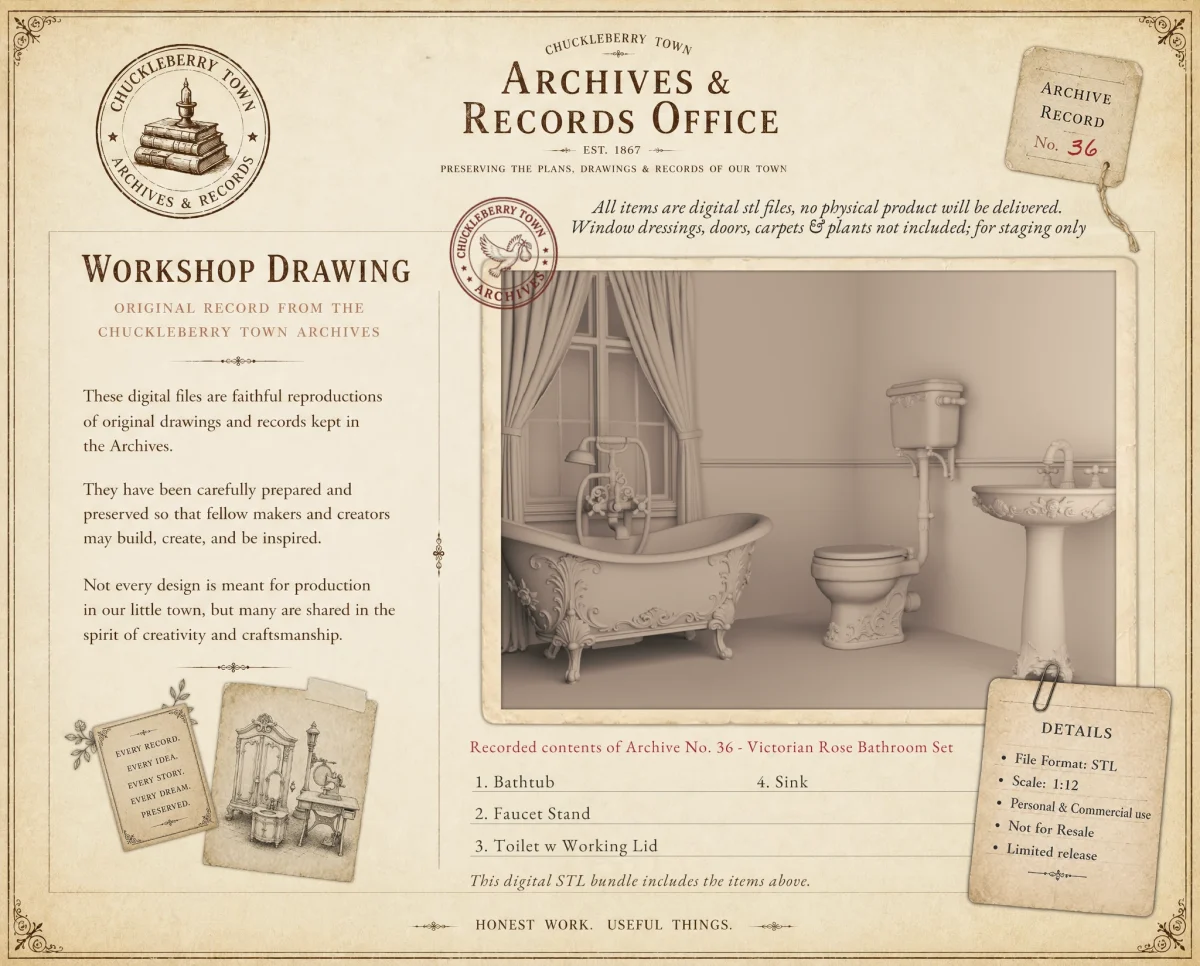 Archives36_VictorianBathroom_Preview Archives 36 - Victorian Rose Bathroom Set - Dollhouse STL - 3 piece bathroom set 3D printing STL file - Storybook-inspired dollhouse miniatures, appliances furniture, décor and building supplies. Original designs by Dove & Pear.