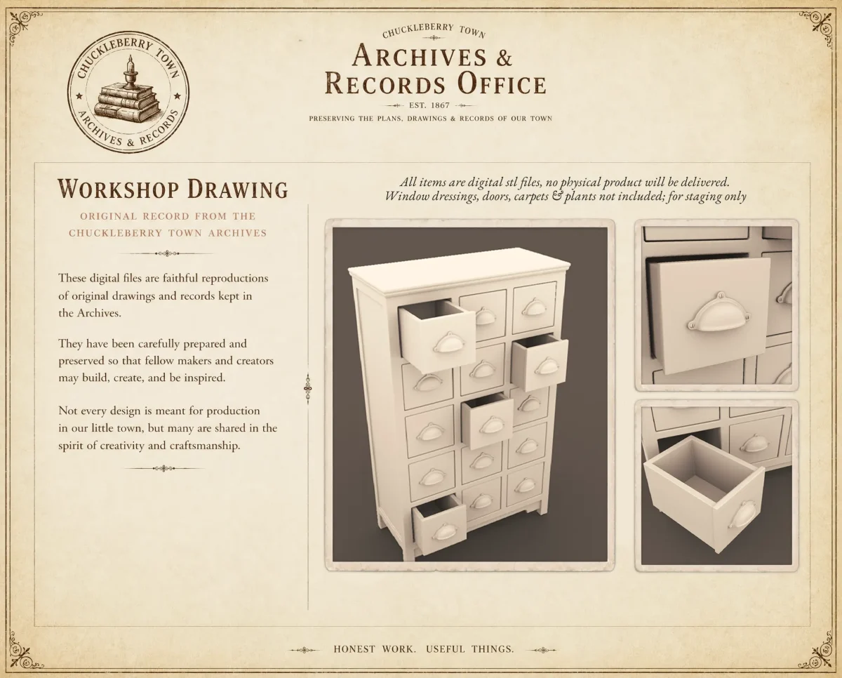 Archives 33 - Apothecary Cabinet Dollhouse STL - cabinet with 15 drawers 3D printing STL file - Storybook-inspired dollhouse miniatures, appliances furniture, décor and building supplies. Original designs by Dove & Pear.