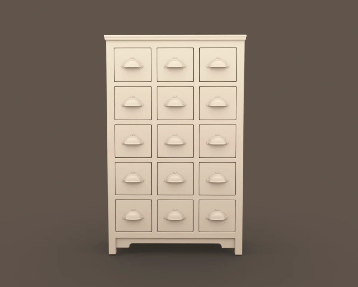 Archives 33 - Apothecary Cabinet Dollhouse STL - cabinet with 15 drawers 3D printing STL file - Storybook-inspired dollhouse miniatures, appliances furniture, décor and building supplies. Original designs by Dove & Pear.