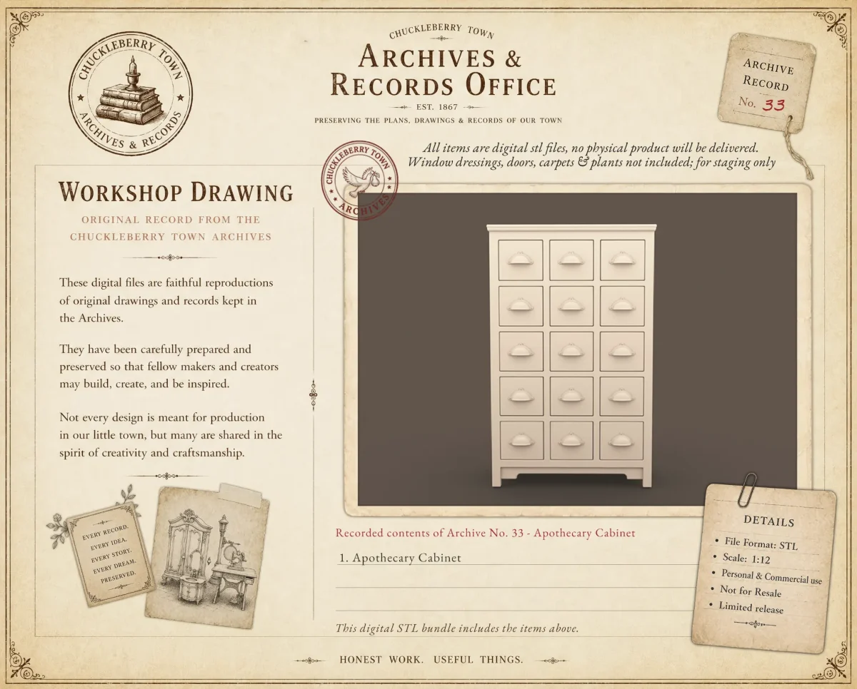 Archives 33 - Apothecary Cabinet Dollhouse STL - cabinet with 15 drawers 3D printing STL file - Storybook-inspired dollhouse miniatures, appliances furniture, décor and building supplies. Original designs by Dove & Pear.