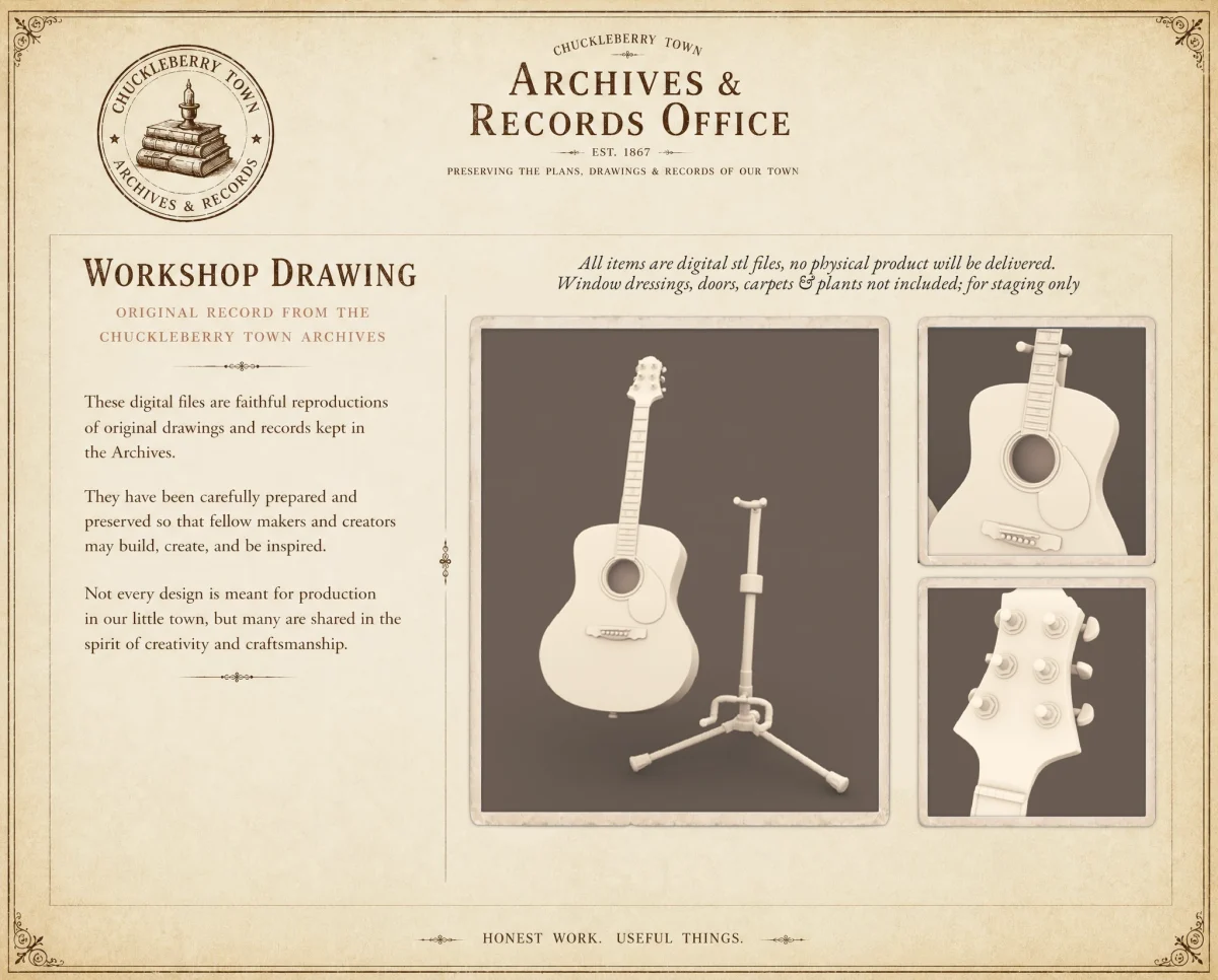 Archives 34 - Acoustic Guitar 3D printing STL file - Storybook-inspired dollhouse miniatures, appliances furniture, décor and building supplies. Original designs by Dove & Pear.