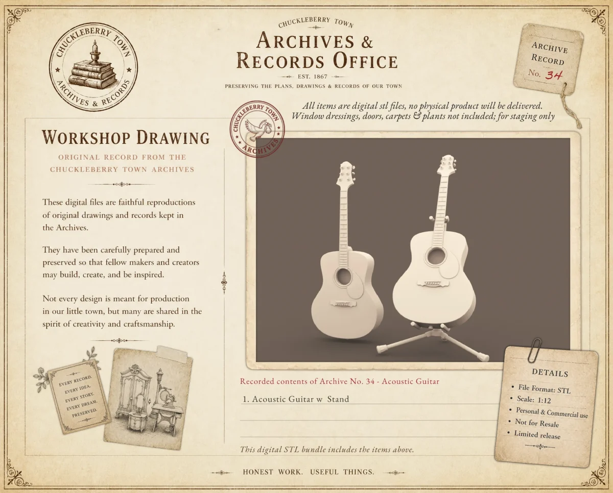 Archives 34 - Acoustic Guitar 3D printing STL file - Storybook-inspired dollhouse miniatures, appliances furniture, décor and building supplies. Original designs by Dove & Pear.