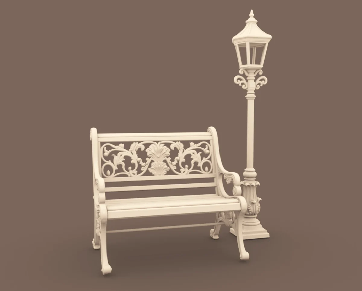 Archives 46 - Park Bench with Lamp Post - 3D printing STL file - Storybook-inspired dollhouse miniatures, appliances furniture, décor and building supplies. Original designs by Dove & Pear.