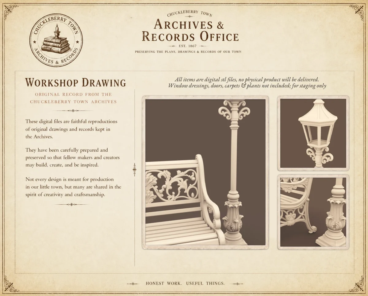 Archives 46 - Park Bench with Lamp Post - 3D printing STL file - Storybook-inspired dollhouse miniatures, appliances furniture, décor and building supplies. Original designs by Dove & Pear.