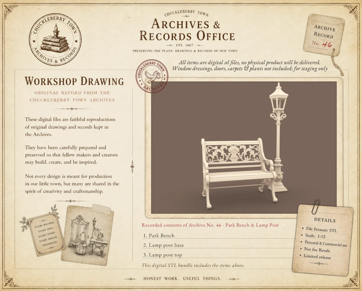 Archives 46 - Park Bench with Lamp Post - 3D printing STL file - Storybook-inspired dollhouse miniatures, appliances furniture, décor and building supplies. Original designs by Dove & Pear.