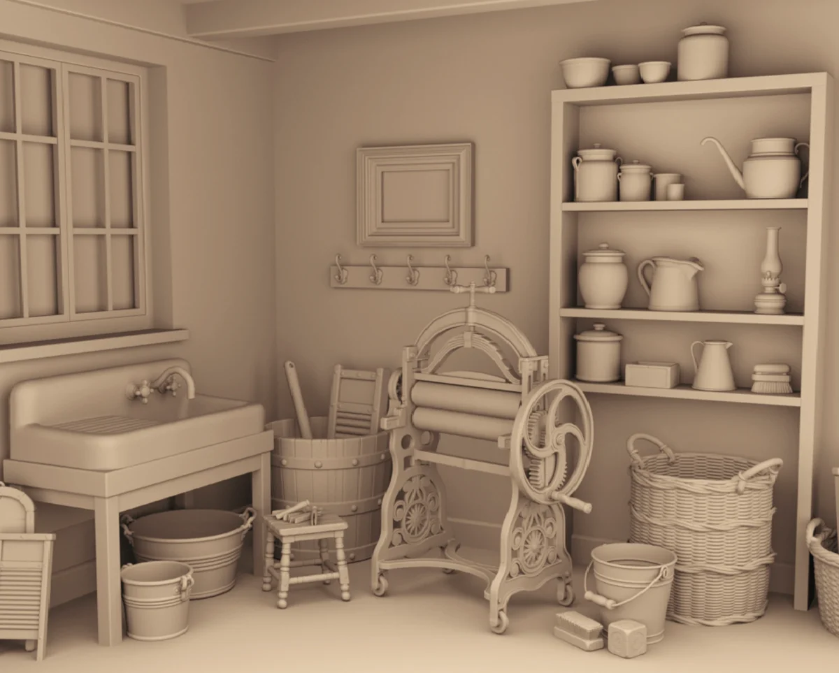 Archives47 Victorian Laundry Set Preview Archives 47 - Victorian laundry set with mangle, washboards, clothespins and other accessories - 3D printing STL file - Storybook-inspired dollhouse miniatures, appliances furniture, décor and building supplies. Original designs by Dove & Pear.