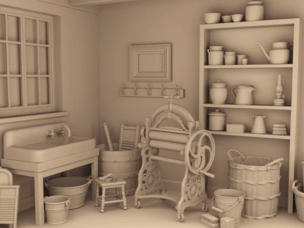 Archives47 Victorian Laundry Set Preview Archives 47 - Victorian laundry set with mangle, washboards, clothespins and other accessories - 3D printing STL file - Storybook-inspired dollhouse miniatures, appliances furniture, décor and building supplies. Original designs by Dove & Pear.