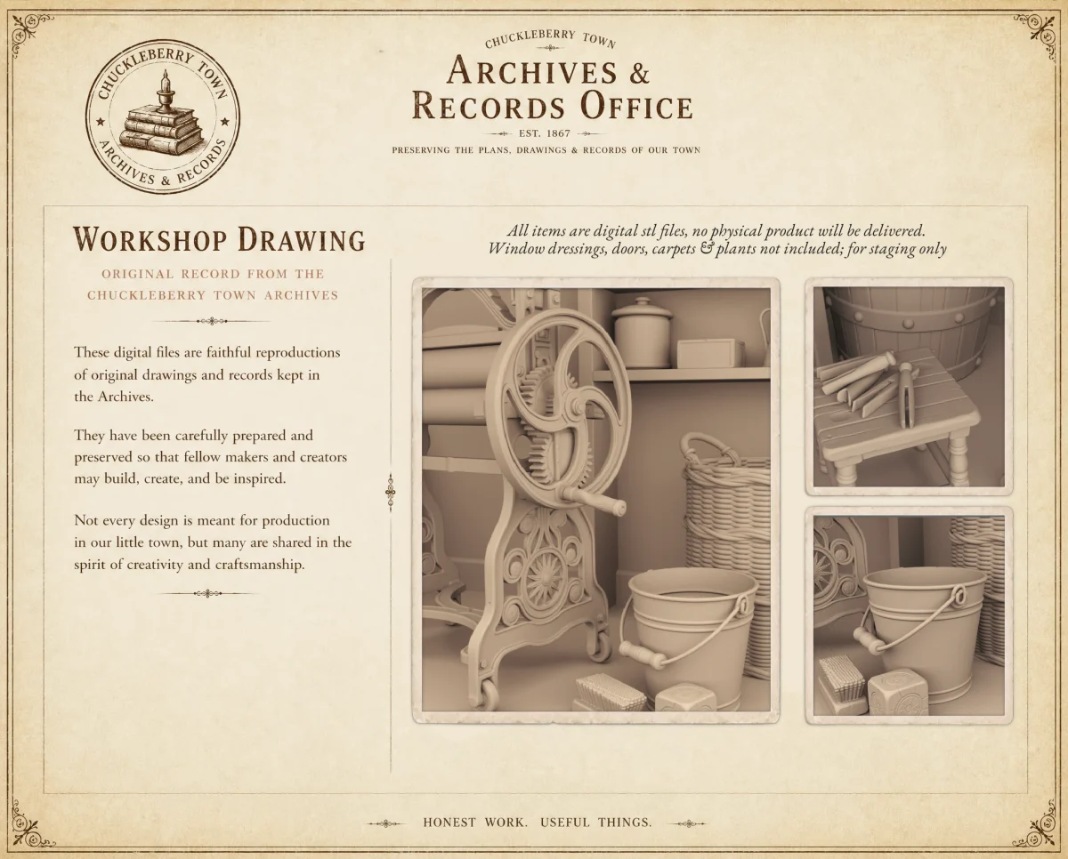 Archives47 Victorian Laundry Set Preview Archives 47 - Victorian laundry set with mangle, washboards, clothespins and other accessories - 3D printing STL file - Storybook-inspired dollhouse miniatures, appliances furniture, décor and building supplies. Original designs by Dove & Pear.