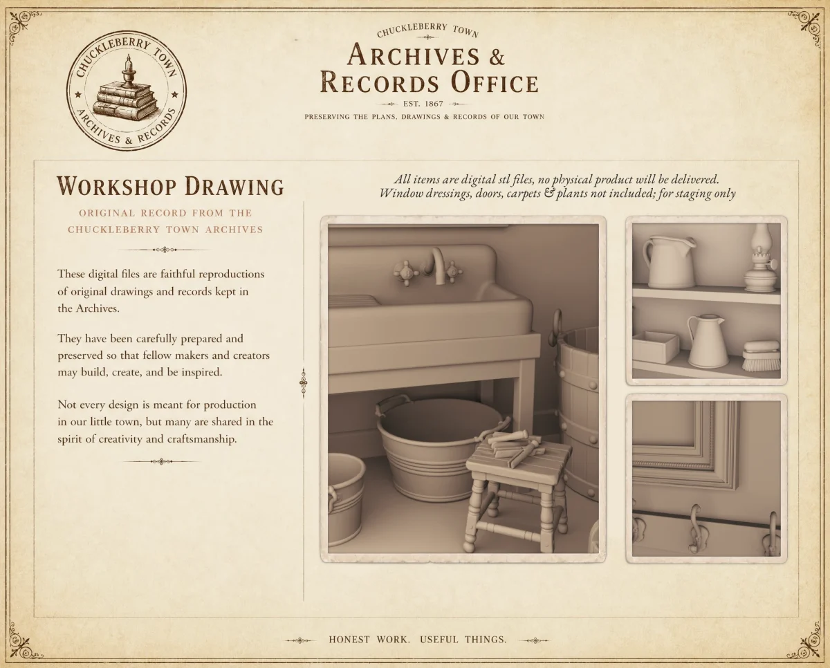 Archives47 Victorian Laundry Set Preview Archives 47 - Victorian laundry set with mangle, washboards, clothespins and other accessories - 3D printing STL file - Storybook-inspired dollhouse miniatures, appliances furniture, décor and building supplies. Original designs by Dove & Pear.