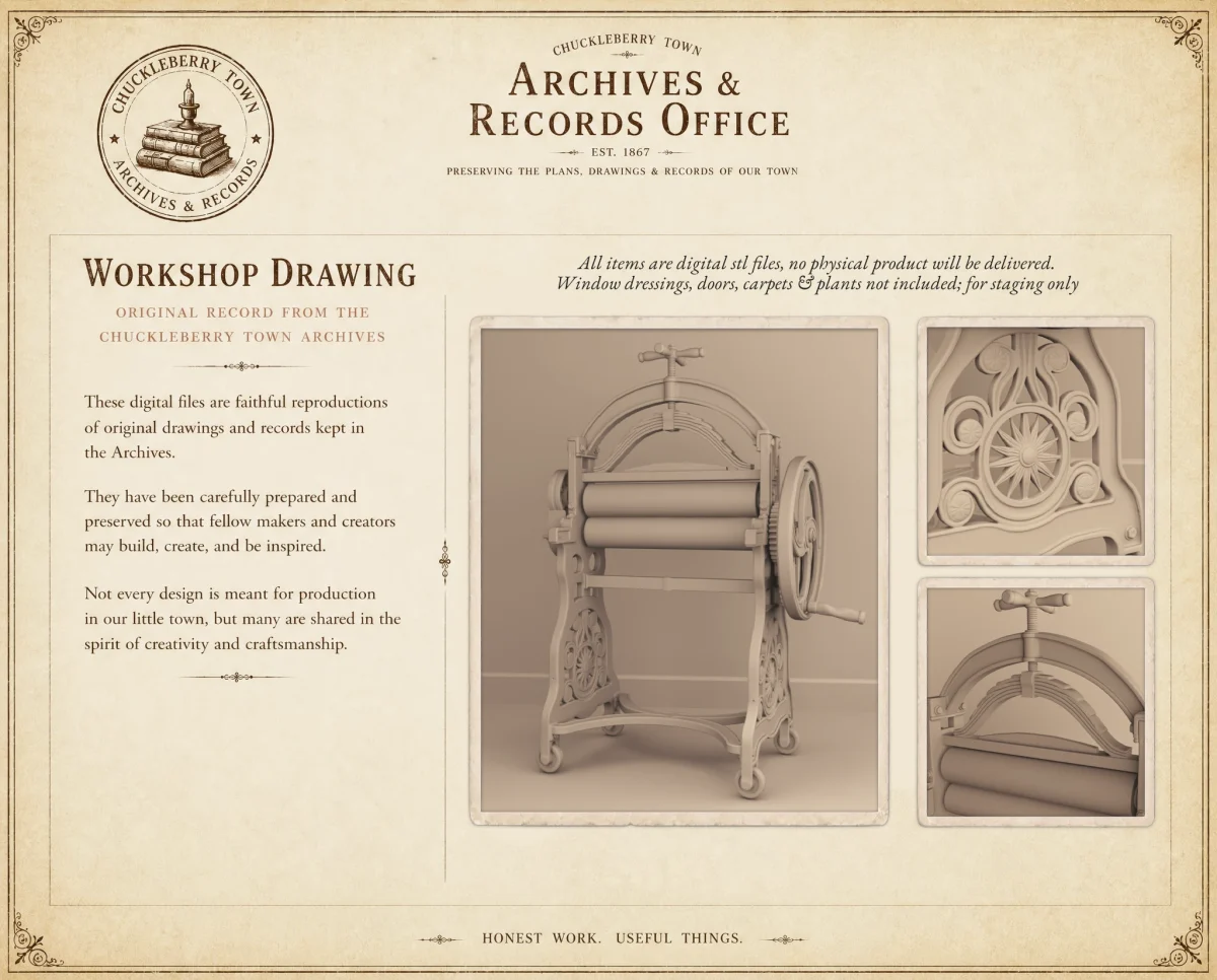 Archives47 Victorian Laundry Set Preview Archives 47 - Victorian laundry set with mangle, washboards, clothespins and other accessories - 3D printing STL file - Storybook-inspired dollhouse miniatures, appliances furniture, décor and building supplies. Original designs by Dove & Pear.