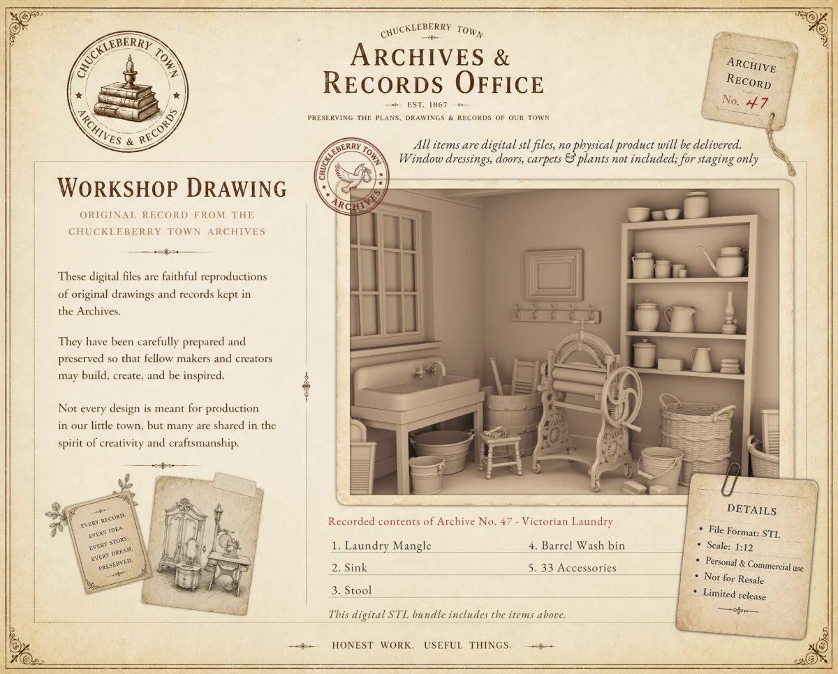 Archives47 Victorian Laundry Set Preview Archives 47 - Victorian laundry set with mangle, washboards, clothespins and other accessories - 3D printing STL file - Storybook-inspired dollhouse miniatures, appliances furniture, décor and building supplies. Original designs by Dove & Pear.