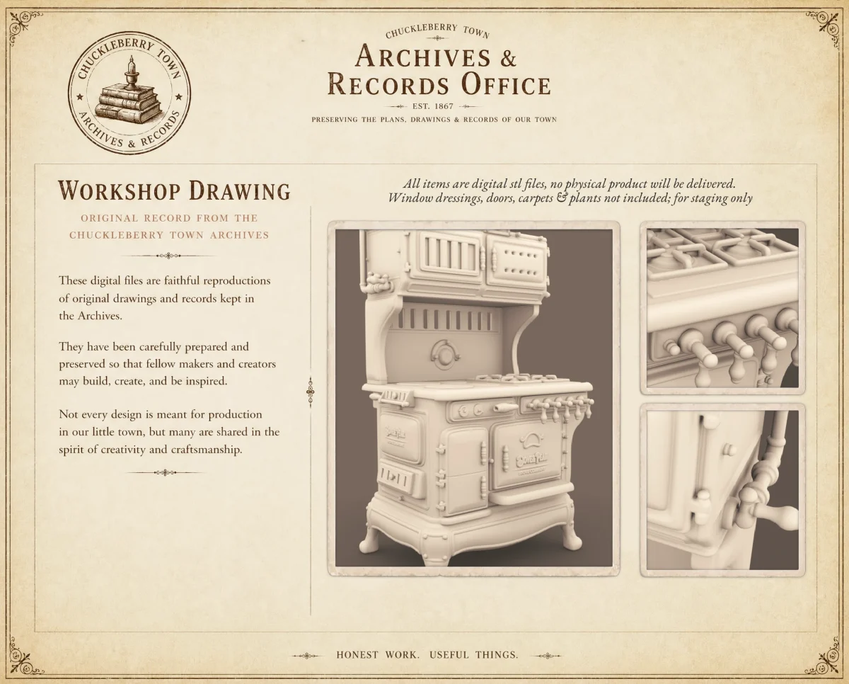 Archives 50 - Vintage kitchen stove - 3D printing STL file - Storybook-inspired dollhouse miniatures, appliances furniture, décor and building supplies. Original designs by Dove & Pear.