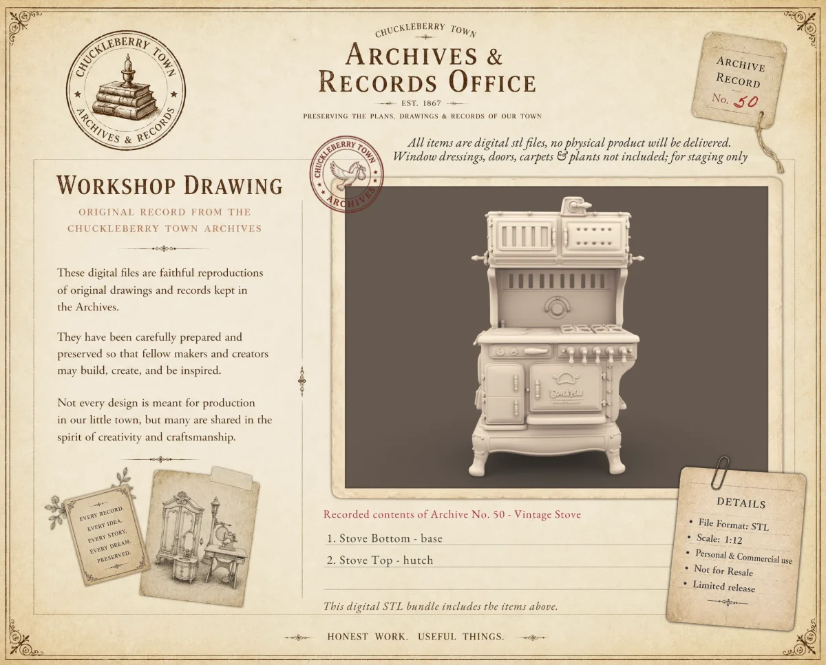 Archives 50 - Vintage kitchen stove - 3D printing STL file - Storybook-inspired dollhouse miniatures, appliances furniture, décor and building supplies. Original designs by Dove & Pear.