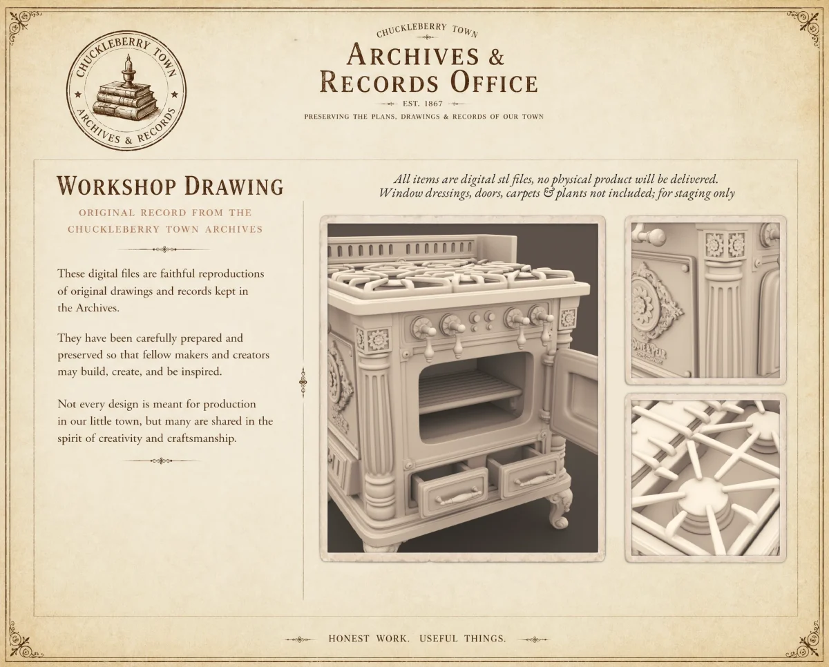 Archives 51 - Victorian kitchen stove - 3D printing STL file - Storybook-inspired dollhouse miniatures, appliances furniture, décor and building supplies. Original designs by Dove & Pear.