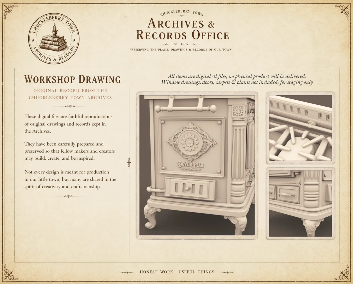 Archives 51 - Victorian kitchen stove - 3D printing STL file - Storybook-inspired dollhouse miniatures, appliances furniture, décor and building supplies. Original designs by Dove & Pear.