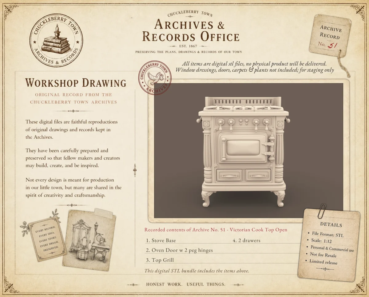 Archives 51 - Victorian kitchen stove - 3D printing STL file - Storybook-inspired dollhouse miniatures, appliances furniture, décor and building supplies. Original designs by Dove & Pear.