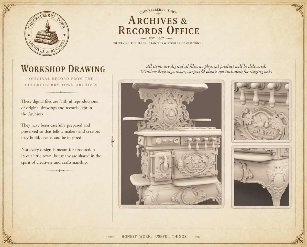 Archives 52 - Victorian kitchen stove - 3D printing STL file - Storybook-inspired dollhouse miniatures, appliances furniture, décor and building supplies. Original designs by Dove & Pear.