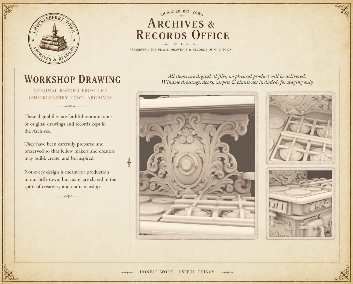 Archives 52 - Victorian kitchen stove - 3D printing STL file - Storybook-inspired dollhouse miniatures, appliances furniture, décor and building supplies. Original designs by Dove & Pear.