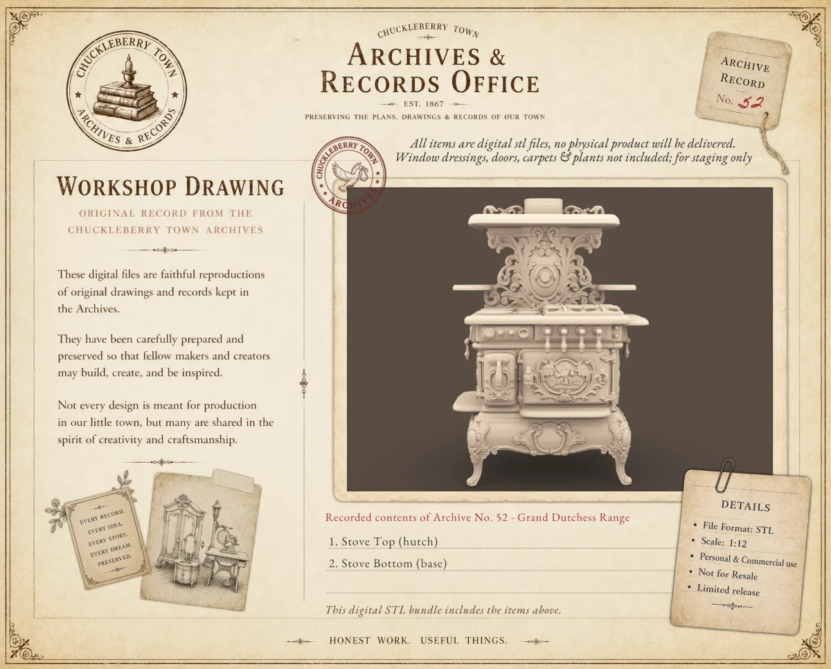 Archives 52 - Victorian kitchen stove - 3D printing STL file - Storybook-inspired dollhouse miniatures, appliances furniture, décor and building supplies. Original designs by Dove & Pear.