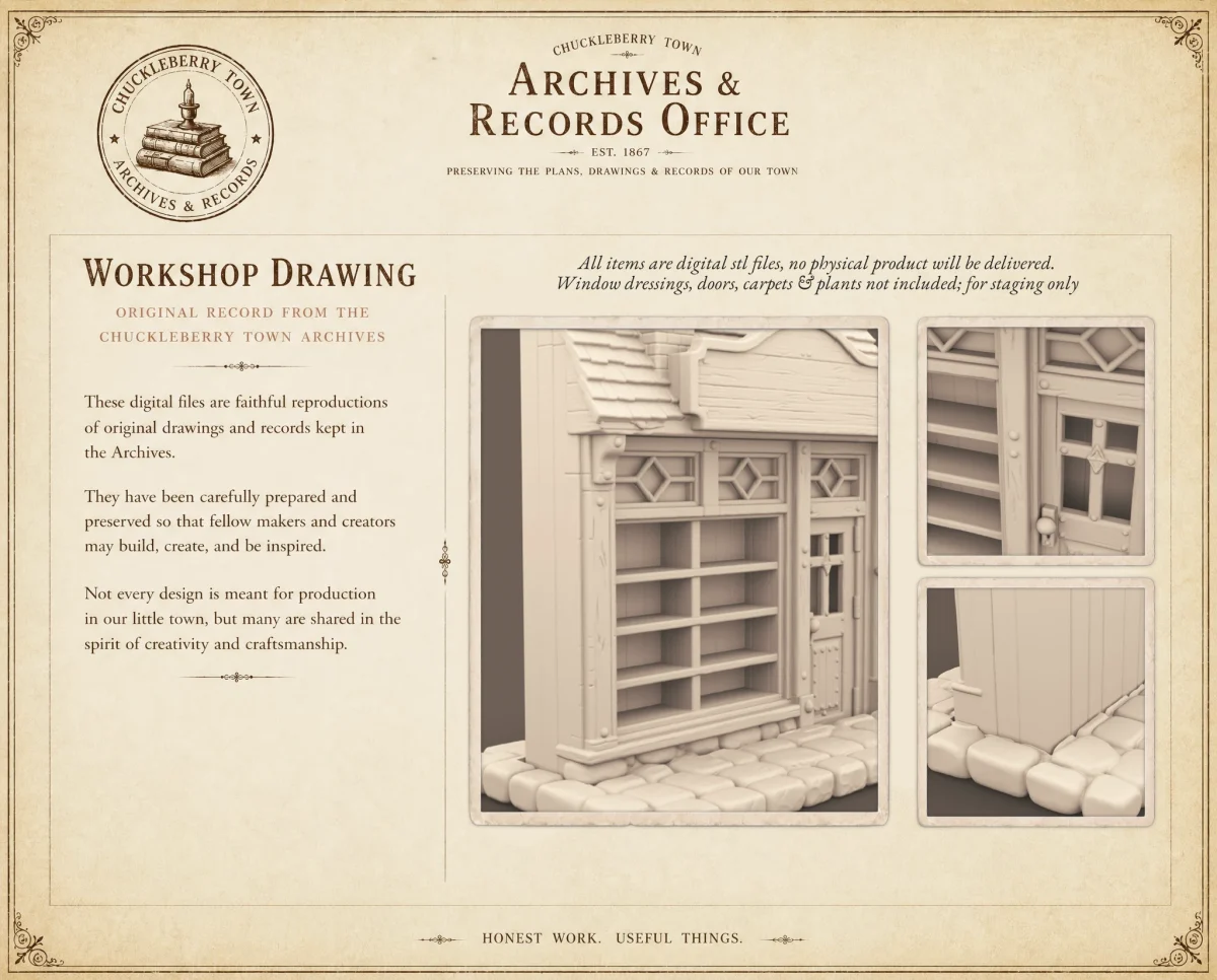 Archives 53 - Little Storefront building facade - 3D printing STL file - Storybook-inspired dollhouse miniatures, appliances furniture, décor and building supplies. Original designs by Dove & Pear.