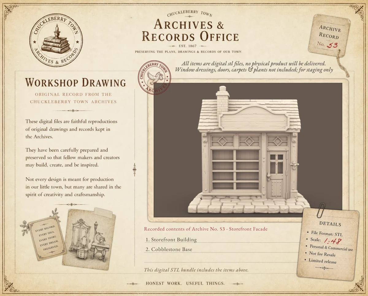 Archives 53 - Storefront Facade and accessories - 3D printing STL file - Storybook-inspired dollhouse miniatures, appliances furniture, décor and building supplies. Original designs by Dove & Pear.