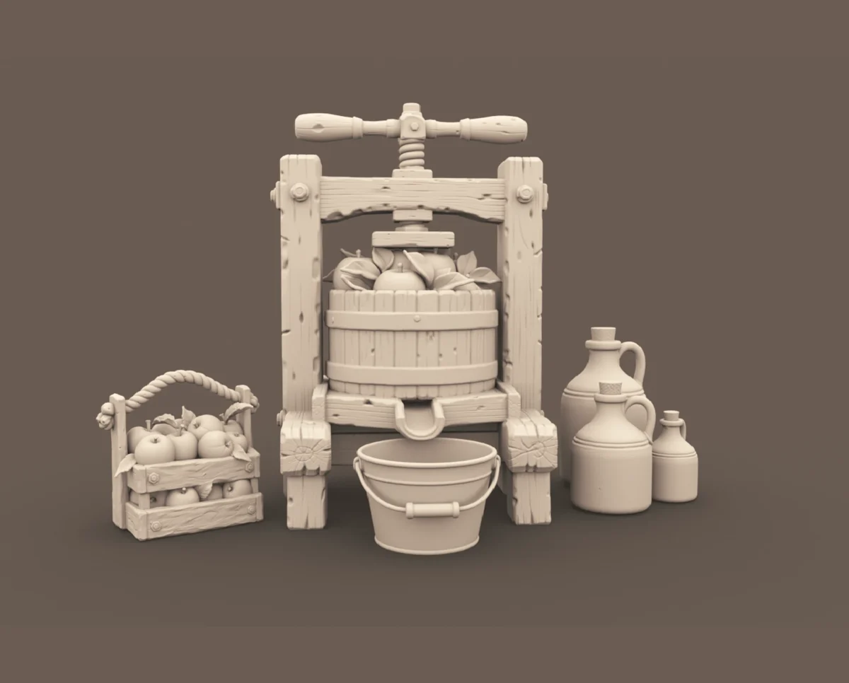 Archives 55 - Orchard apple press with jars and accessories - 3D printing STL file - Storybook-inspired dollhouse miniatures, appliances furniture, décor and building supplies. Original designs by Dove & Pear.
