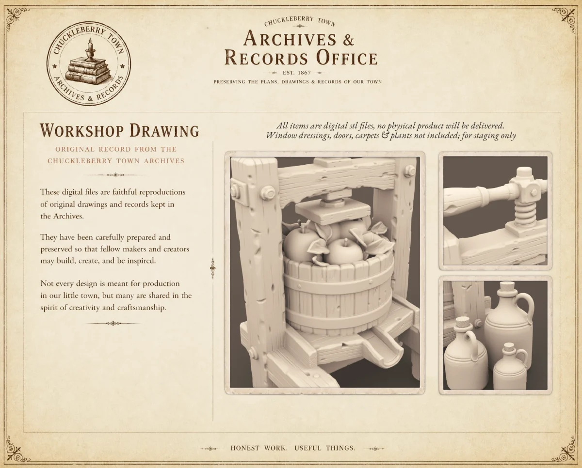 Archives 55 - Orchard apple press with jars and accessories - 3D printing STL file - Storybook-inspired dollhouse miniatures, appliances furniture, décor and building supplies. Original designs by Dove & Pear.