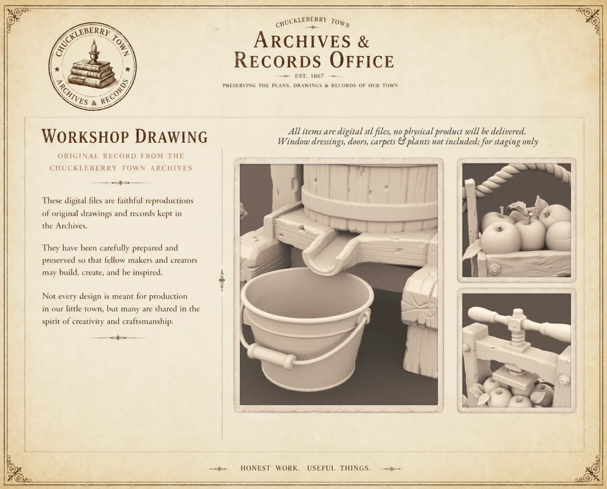 Archives 55 - Orchard apple press with jars and accessories - 3D printing STL file - Storybook-inspired dollhouse miniatures, appliances furniture, décor and building supplies. Original designs by Dove & Pear.