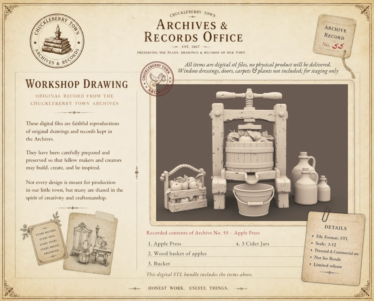 Archives 55 - Orchard apple press with jars and accessories - 3D printing STL file - Storybook-inspired dollhouse miniatures, appliances furniture, décor and building supplies. Original designs by Dove & Pear.