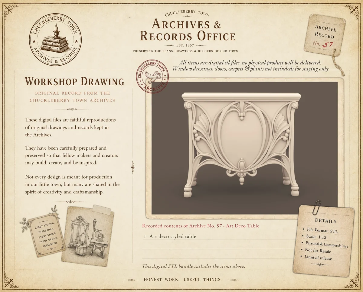 archives57 Art Deco Table Preview Archives 57 - Art Deco Table art nouveau style console table - 3D printing STL file - Storybook-inspired dollhouse miniatures, appliances furniture, décor and building supplies. Original designs by Dove & Pear.