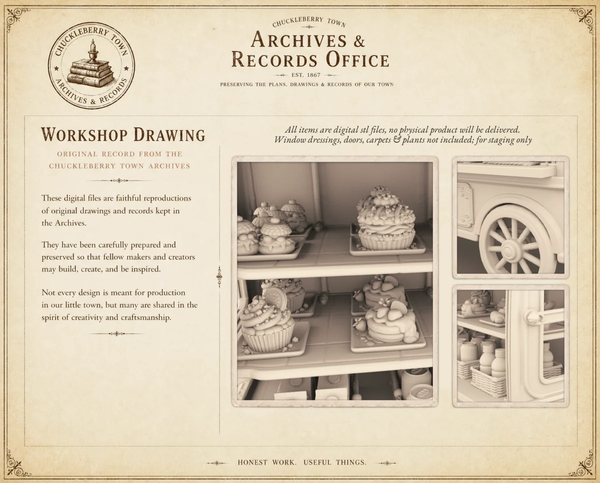 Archives 48 - Whimsical victorian dessert cart - 3D printing STL file - Storybook-inspired dollhouse miniatures, appliances furniture, décor and building supplies. Original designs by Dove & Pear.