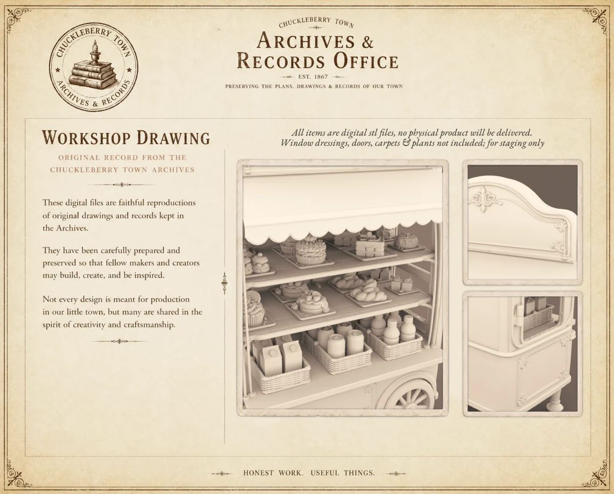 Archives 48 - Whimsical victorian dessert cart - 3D printing STL file - Storybook-inspired dollhouse miniatures, appliances furniture, décor and building supplies. Original designs by Dove & Pear.