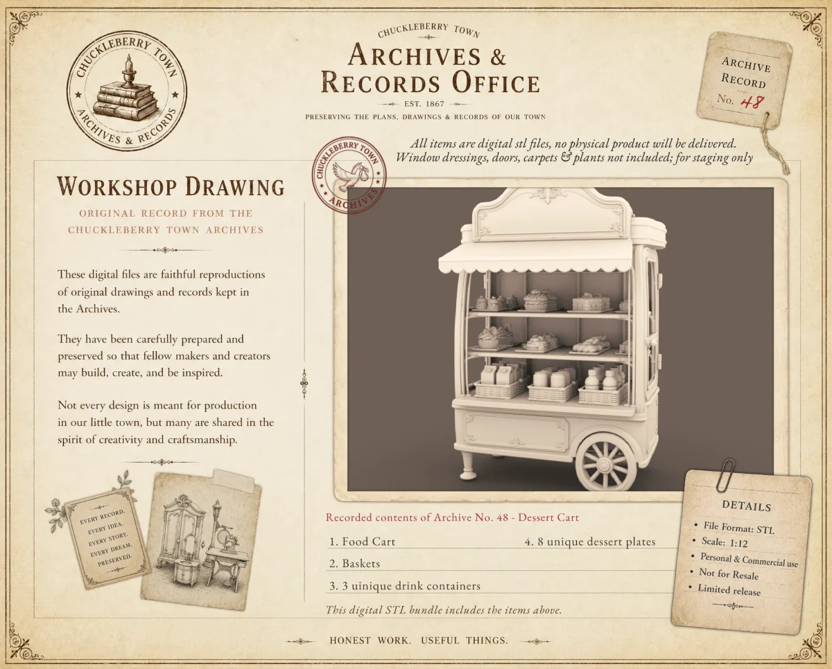 Archives 48 - Whimsical victorian dessert cart - 3D printing STL file - Storybook-inspired dollhouse miniatures, appliances furniture, décor and building supplies. Original designs by Dove & Pear.